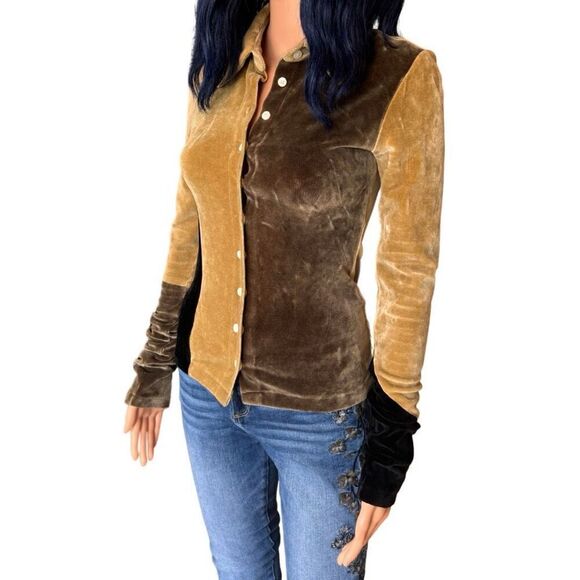 TheOpen Product Brown Paneled Velvet Button Up Top - Picture 6 of 9
